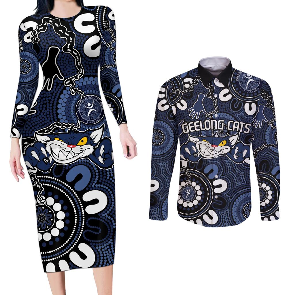 Custom Geelong Cats NAIDOC Week 2024 Couples Matching Long Sleeve Bodycon Dress and Long Sleeve Button Shirt Fire Burning Aboriginal Dots Art