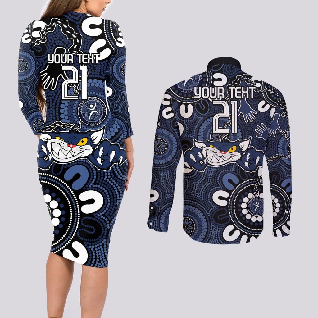 Custom Geelong Cats NAIDOC Week 2024 Couples Matching Long Sleeve Bodycon Dress and Long Sleeve Button Shirt Fire Burning Aboriginal Dots Art