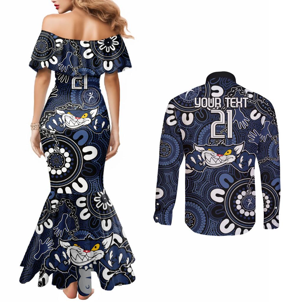 Custom Geelong Cats NAIDOC Week 2024 Couples Matching Mermaid Dress and Long Sleeve Button Shirt Fire Burning Aboriginal Dots Art