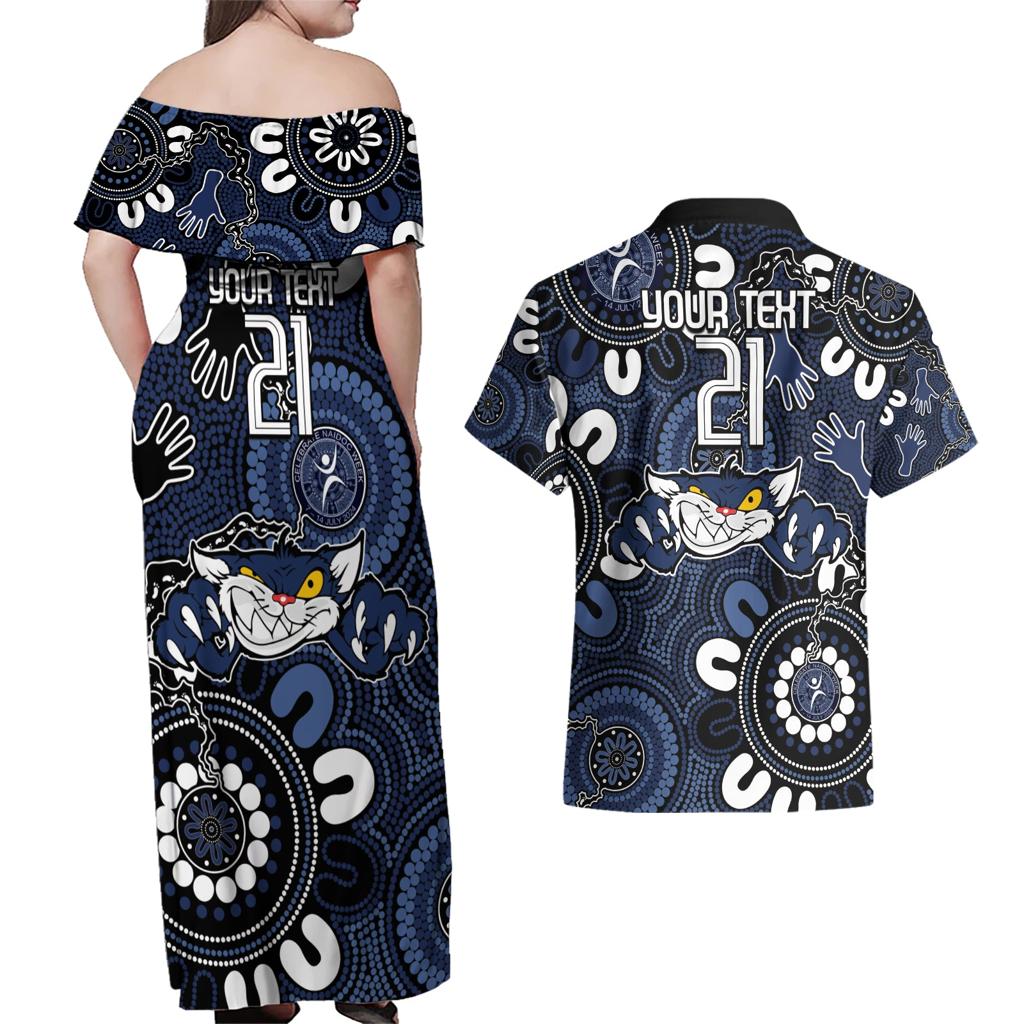 Custom Geelong Cats NAIDOC Week 2024 Couples Matching Off Shoulder Maxi Dress and Hawaiian Shirt Fire Burning Aboriginal Dots Art