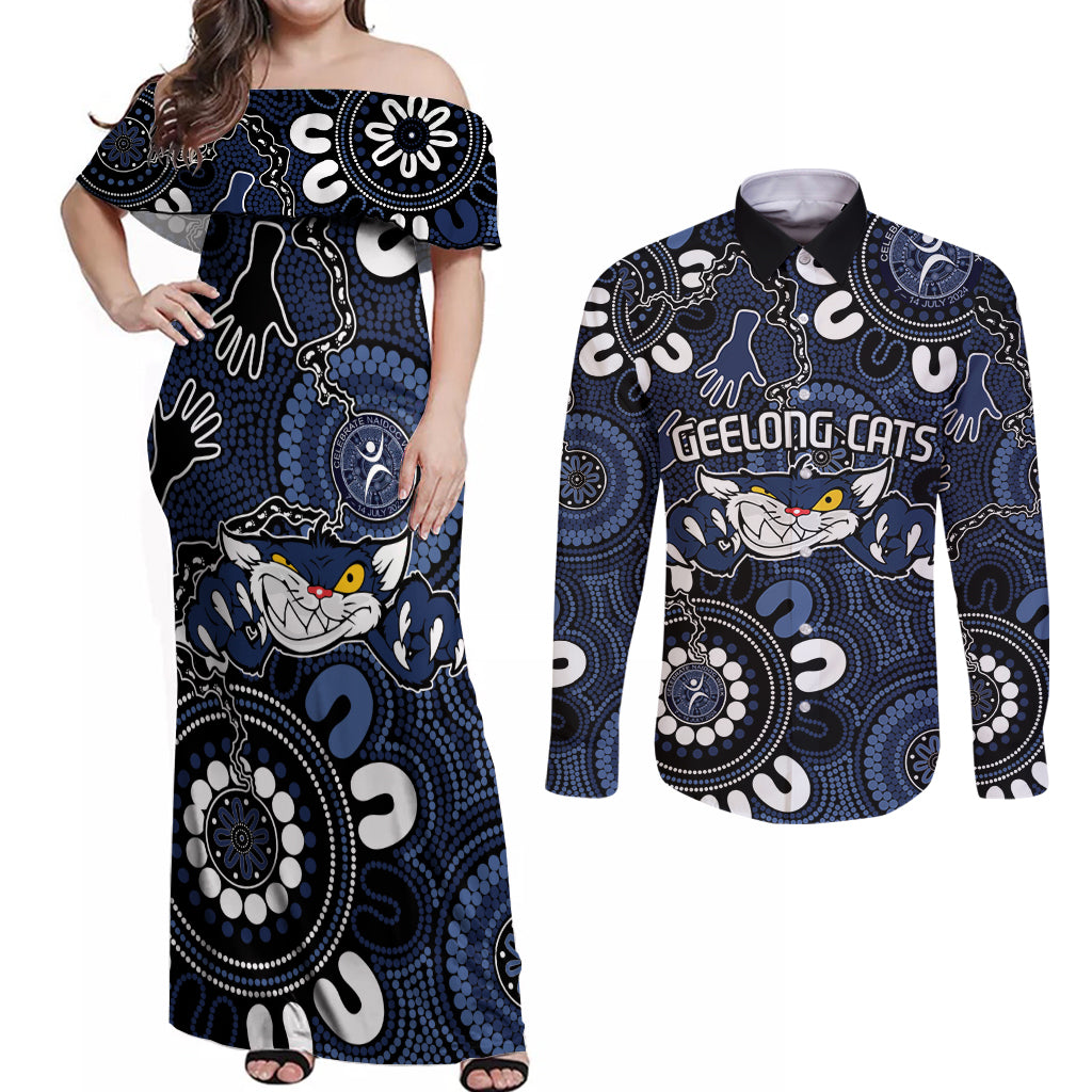 Custom Geelong Cats NAIDOC Week 2024 Couples Matching Off Shoulder Maxi Dress and Long Sleeve Button Shirt Fire Burning Aboriginal Dots Art