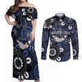 Custom Geelong Cats NAIDOC Week 2024 Couples Matching Off Shoulder Maxi Dress and Long Sleeve Button Shirt Fire Burning Aboriginal Dots Art