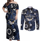 Custom Geelong Cats NAIDOC Week 2024 Couples Matching Off Shoulder Maxi Dress and Long Sleeve Button Shirt Fire Burning Aboriginal Dots Art