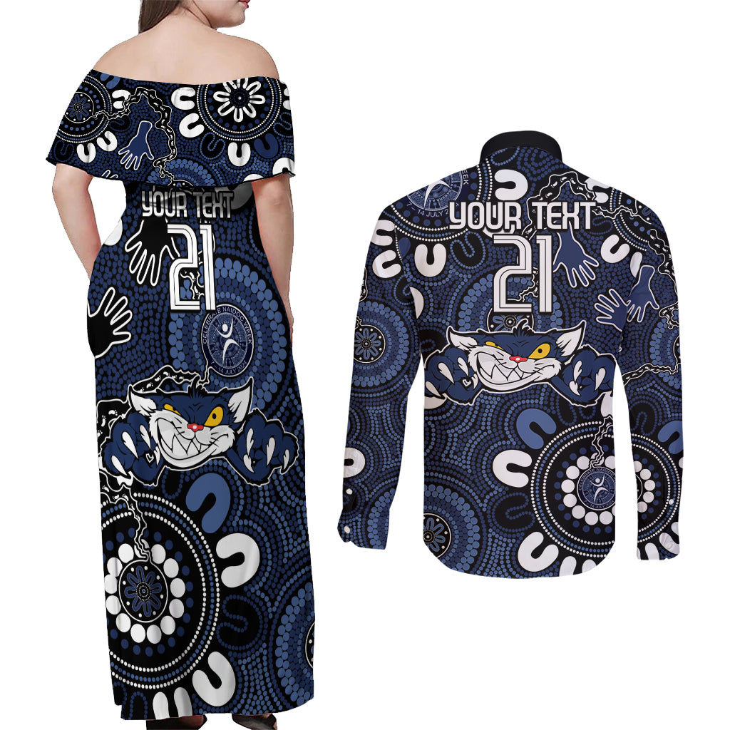 Custom Geelong Cats NAIDOC Week 2024 Couples Matching Off Shoulder Maxi Dress and Long Sleeve Button Shirt Fire Burning Aboriginal Dots Art