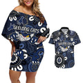 Custom Geelong Cats NAIDOC Week 2024 Couples Matching Off Shoulder Short Dress and Hawaiian Shirt Fire Burning Aboriginal Dots Art