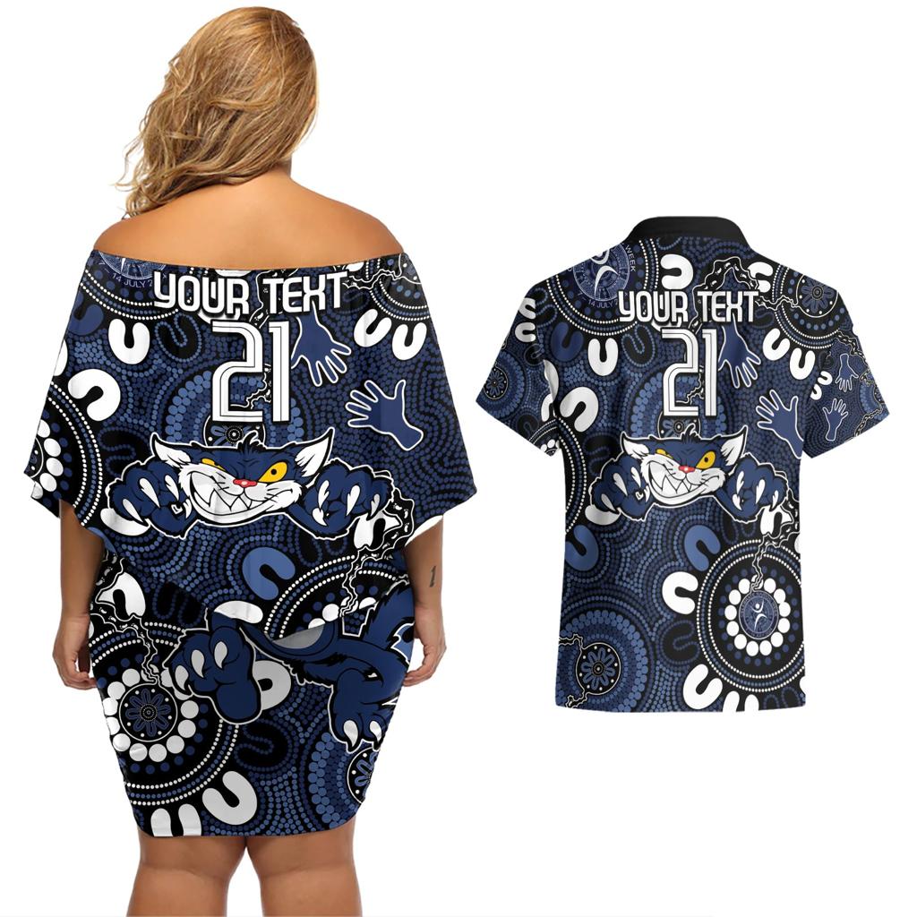 Custom Geelong Cats NAIDOC Week 2024 Couples Matching Off Shoulder Short Dress and Hawaiian Shirt Fire Burning Aboriginal Dots Art