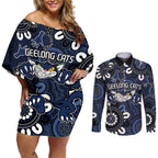Custom Geelong Cats NAIDOC Week 2024 Couples Matching Off Shoulder Short Dress and Long Sleeve Button Shirt Fire Burning Aboriginal Dots Art