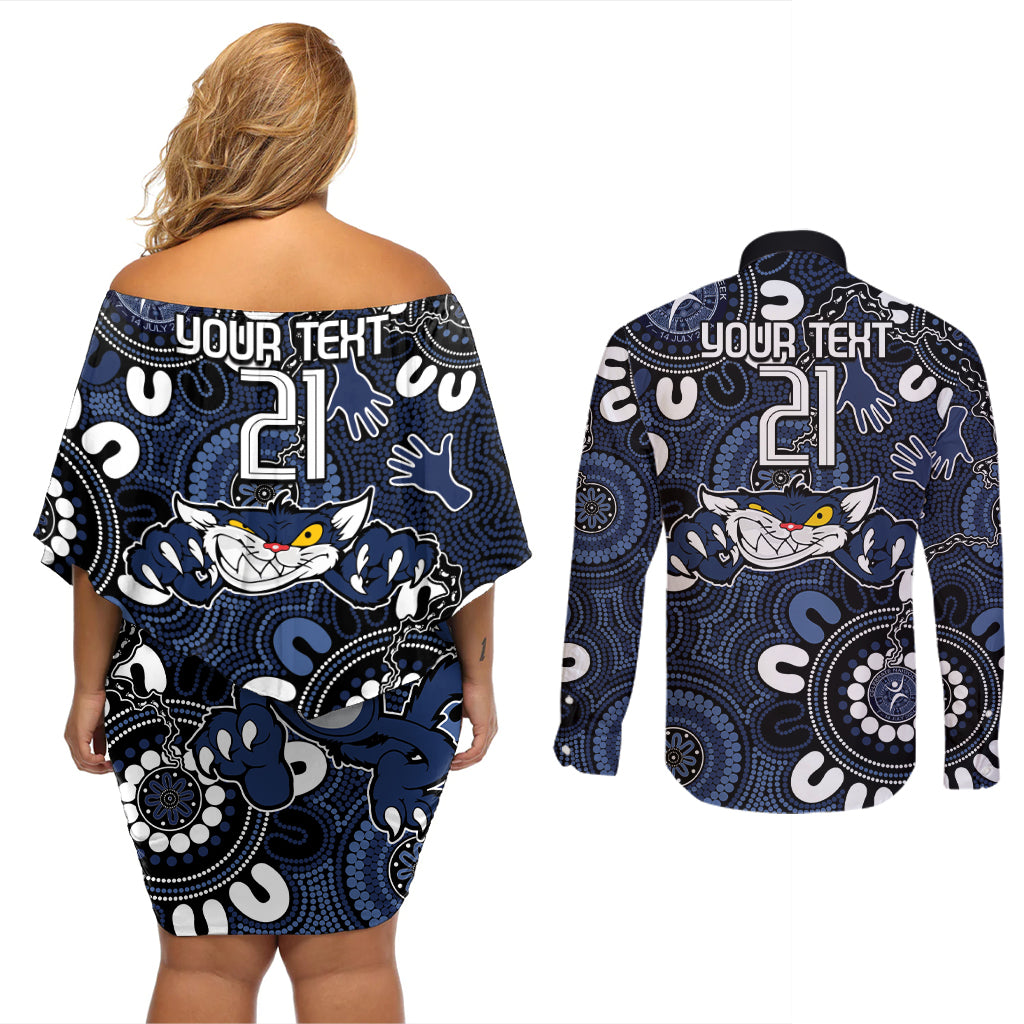 Custom Geelong Cats NAIDOC Week 2024 Couples Matching Off Shoulder Short Dress and Long Sleeve Button Shirt Fire Burning Aboriginal Dots Art