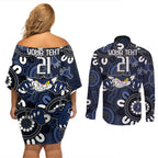 Custom Geelong Cats NAIDOC Week 2024 Couples Matching Off Shoulder Short Dress and Long Sleeve Button Shirt Fire Burning Aboriginal Dots Art