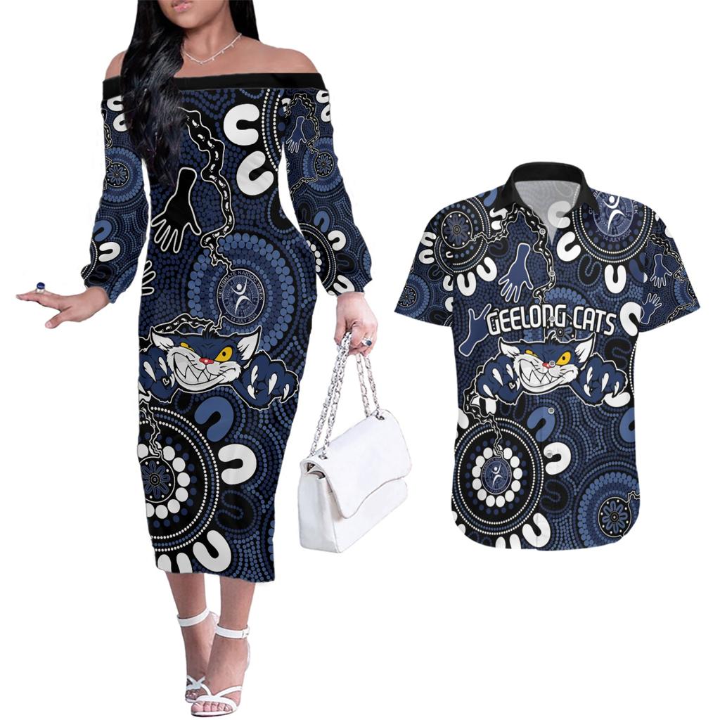 Custom Geelong Cats NAIDOC Week 2024 Couples Matching Off The Shoulder Long Sleeve Dress and Hawaiian Shirt Fire Burning Aboriginal Dots Art