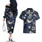 Custom Geelong Cats NAIDOC Week 2024 Couples Matching Off The Shoulder Long Sleeve Dress and Hawaiian Shirt Fire Burning Aboriginal Dots Art