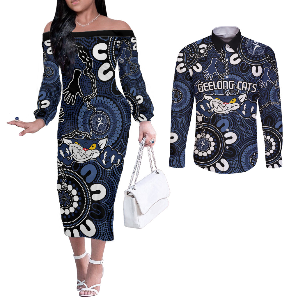 Custom Geelong Cats NAIDOC Week 2024 Couples Matching Off The Shoulder Long Sleeve Dress and Long Sleeve Button Shirt Fire Burning Aboriginal Dots Art