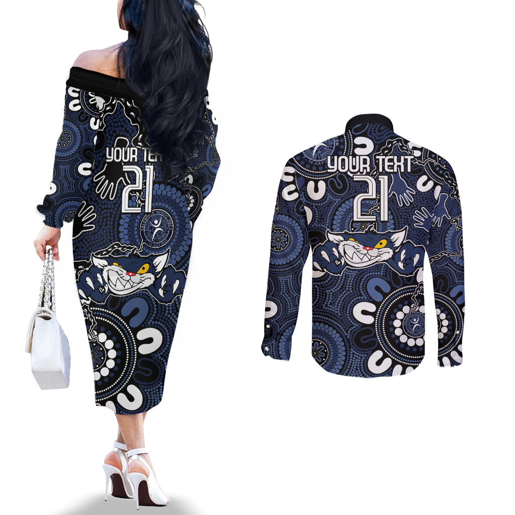 Custom Geelong Cats NAIDOC Week 2024 Couples Matching Off The Shoulder Long Sleeve Dress and Long Sleeve Button Shirt Fire Burning Aboriginal Dots Art