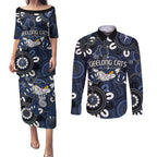 Custom Geelong Cats NAIDOC Week 2024 Couples Matching Puletasi and Long Sleeve Button Shirt Fire Burning Aboriginal Dots Art