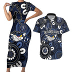 Custom Geelong Cats NAIDOC Week 2024 Couples Matching Short Sleeve Bodycon Dress and Hawaiian Shirt Fire Burning Aboriginal Dots Art