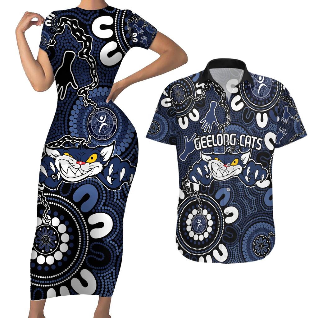 Custom Geelong Cats NAIDOC Week 2024 Couples Matching Short Sleeve Bodycon Dress and Hawaiian Shirt Fire Burning Aboriginal Dots Art