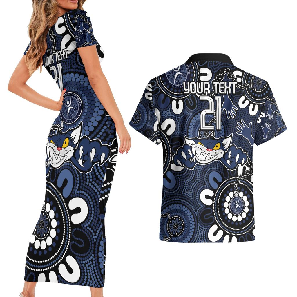 Custom Geelong Cats NAIDOC Week 2024 Couples Matching Short Sleeve Bodycon Dress and Hawaiian Shirt Fire Burning Aboriginal Dots Art