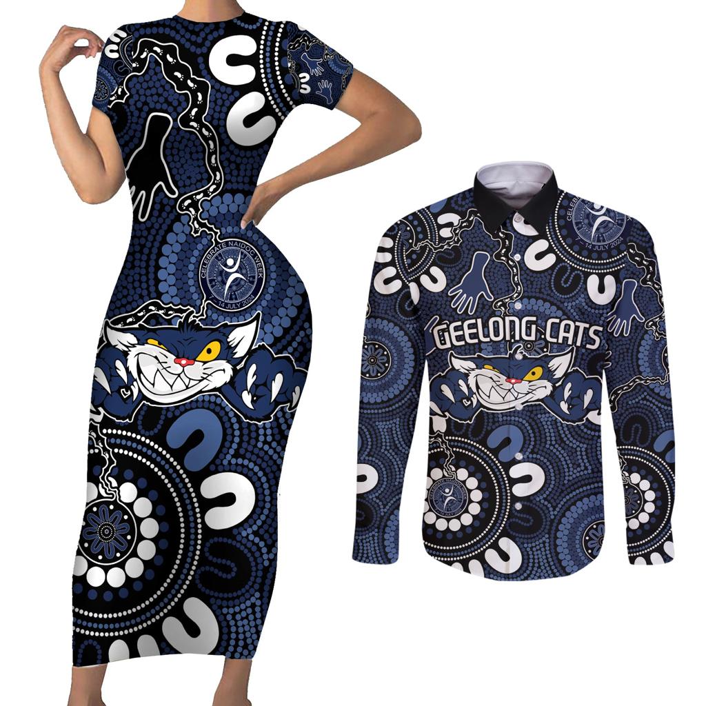 Custom Geelong Cats NAIDOC Week 2024 Couples Matching Short Sleeve Bodycon Dress and Long Sleeve Button Shirt Fire Burning Aboriginal Dots Art