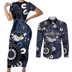 Custom Geelong Cats NAIDOC Week 2024 Couples Matching Short Sleeve Bodycon Dress and Long Sleeve Button Shirt Fire Burning Aboriginal Dots Art
