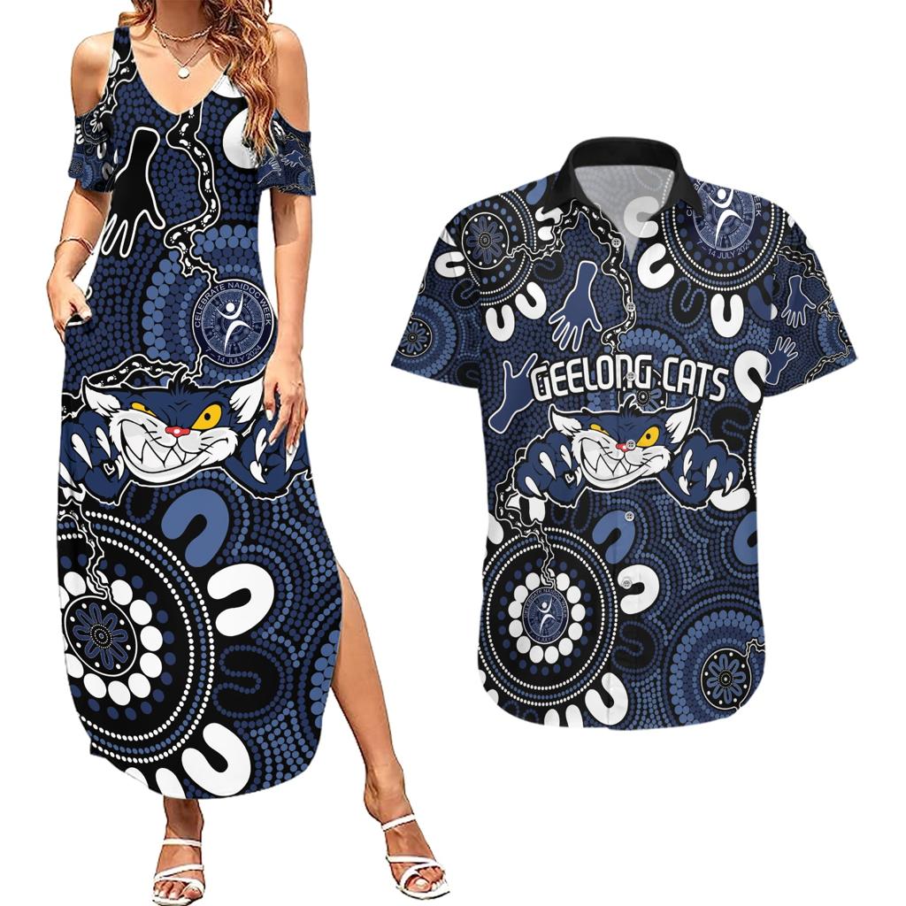 Custom Geelong Cats NAIDOC Week 2024 Couples Matching Summer Maxi Dress and Hawaiian Shirt Fire Burning Aboriginal Dots Art