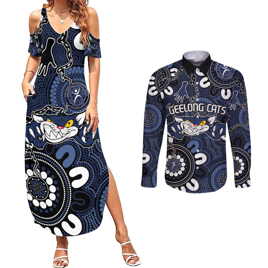 Custom Geelong Cats NAIDOC Week 2024 Couples Matching Summer Maxi Dress and Long Sleeve Button Shirt Fire Burning Aboriginal Dots Art