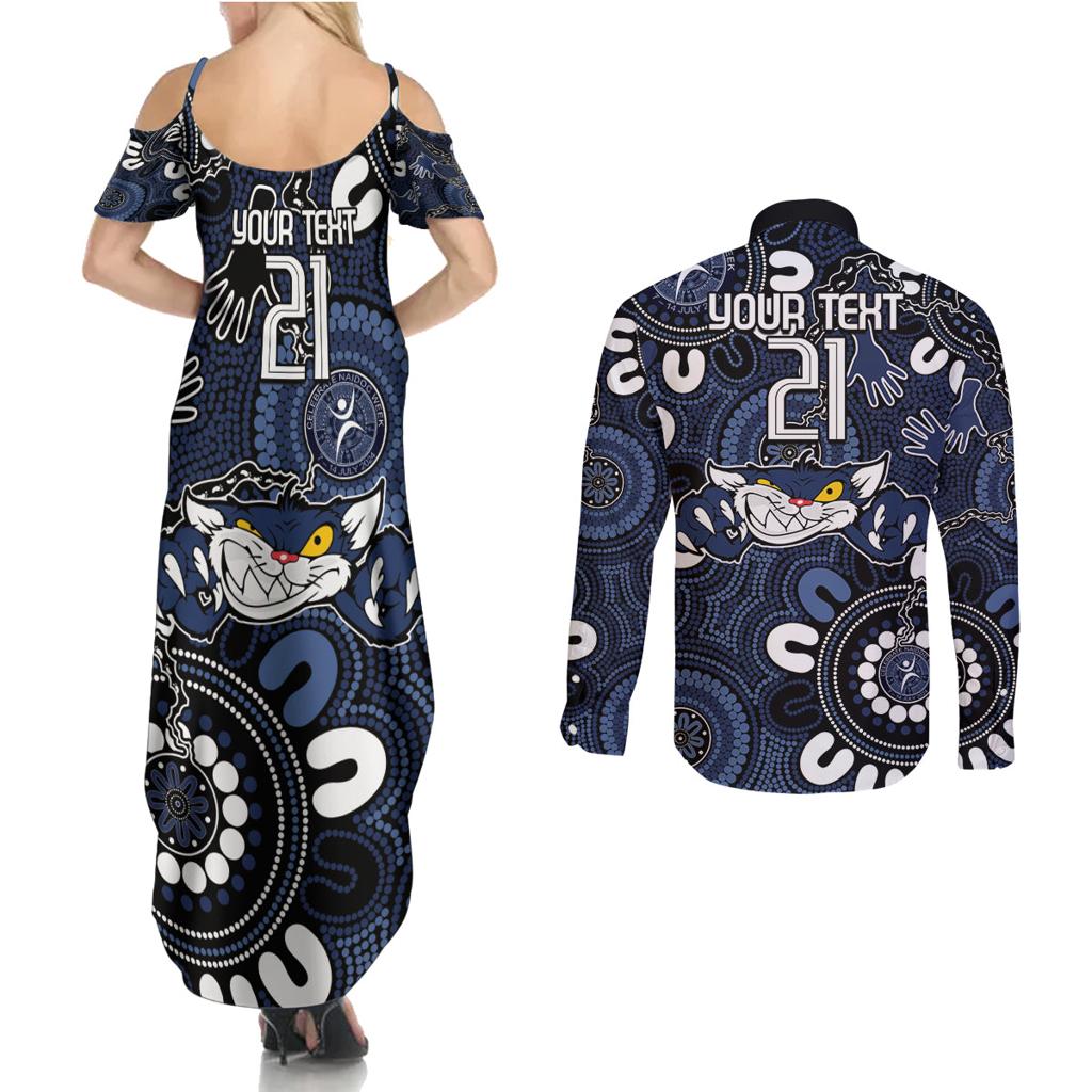 Custom Geelong Cats NAIDOC Week 2024 Couples Matching Summer Maxi Dress and Long Sleeve Button Shirt Fire Burning Aboriginal Dots Art