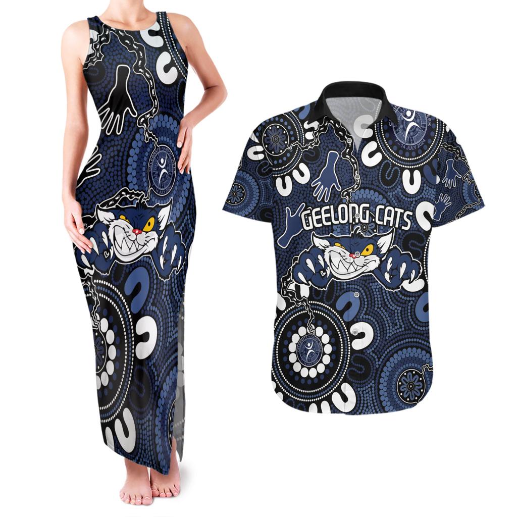 Custom Geelong Cats NAIDOC Week 2024 Couples Matching Tank Maxi Dress and Hawaiian Shirt Fire Burning Aboriginal Dots Art