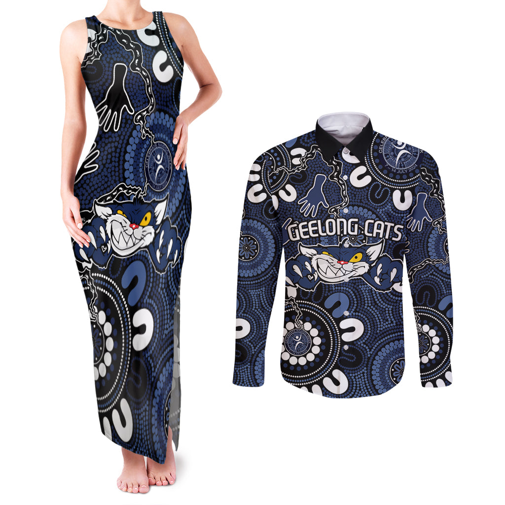 Custom Geelong Cats NAIDOC Week 2024 Couples Matching Tank Maxi Dress and Long Sleeve Button Shirt Fire Burning Aboriginal Dots Art