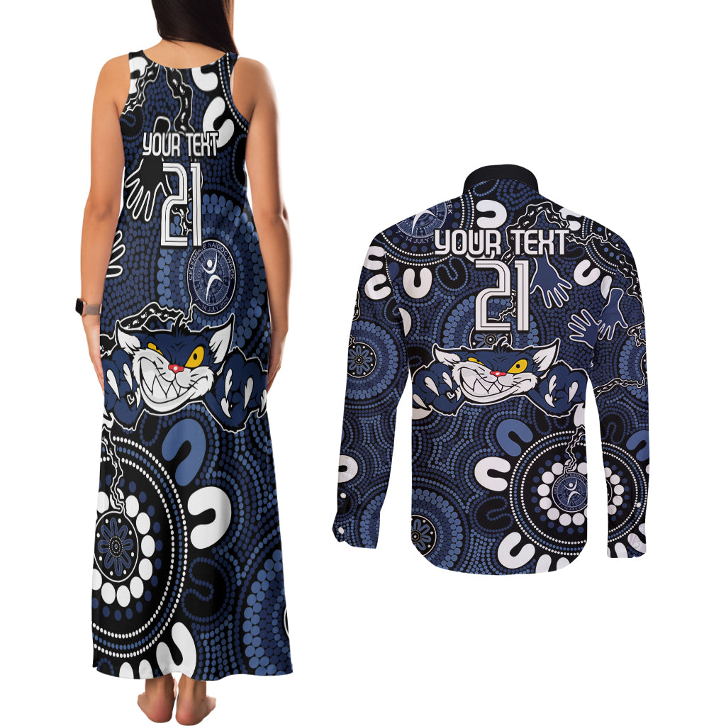 Custom Geelong Cats NAIDOC Week 2024 Couples Matching Tank Maxi Dress and Long Sleeve Button Shirt Fire Burning Aboriginal Dots Art
