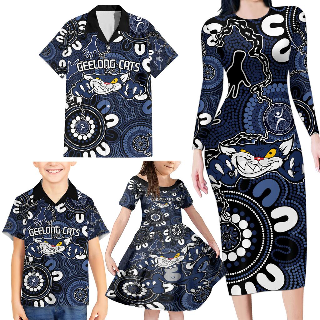 Custom Geelong Cats NAIDOC Week 2024 Family Matching Long Sleeve Bodycon Dress and Hawaiian Shirt Fire Burning Aboriginal Dots Art