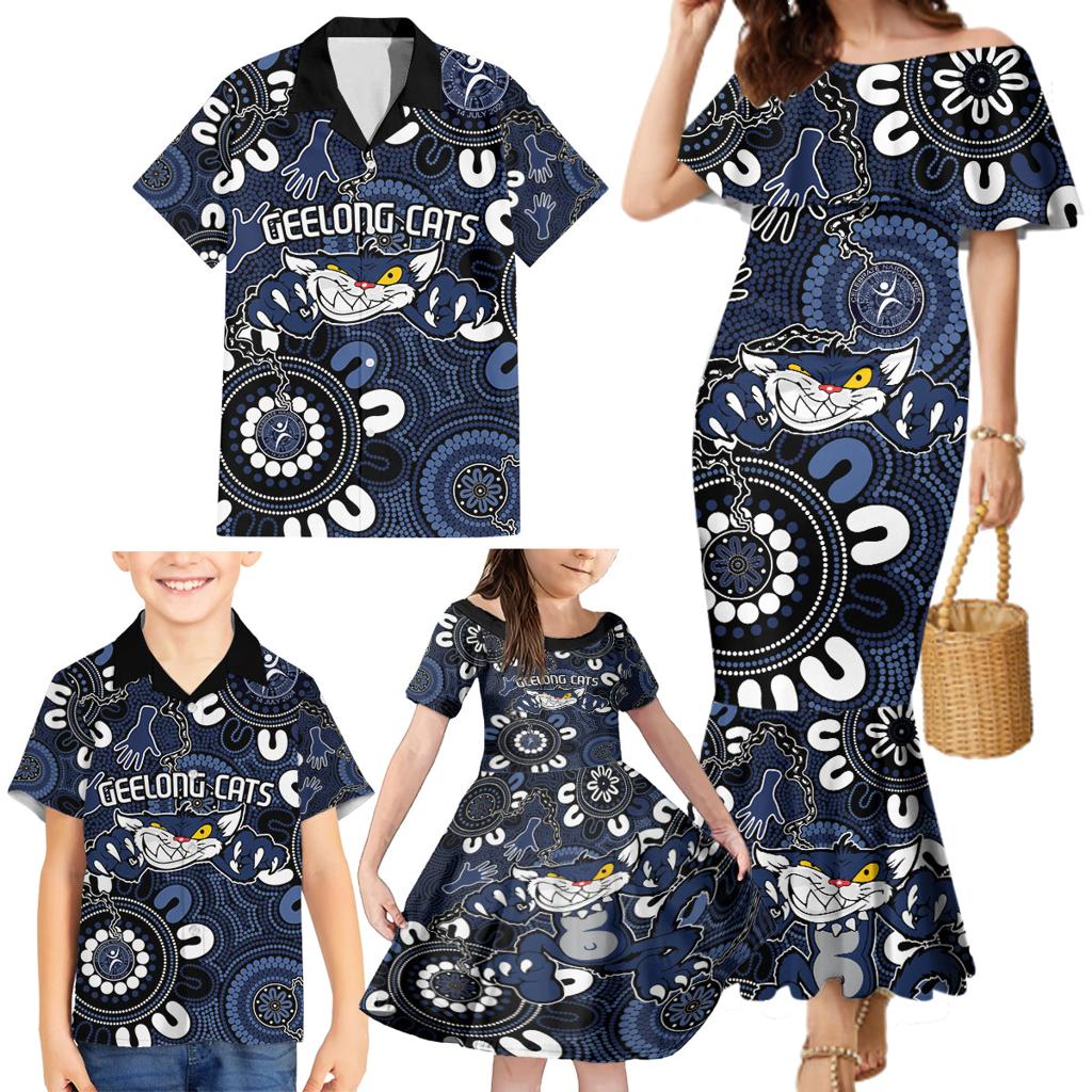 Custom Geelong Cats NAIDOC Week 2024 Family Matching Mermaid Dress and Hawaiian Shirt Fire Burning Aboriginal Dots Art