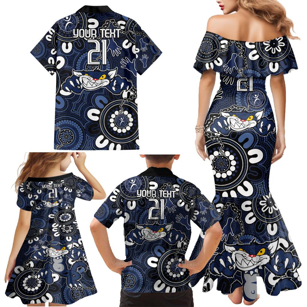 Custom Geelong Cats NAIDOC Week 2024 Family Matching Mermaid Dress and Hawaiian Shirt Fire Burning Aboriginal Dots Art