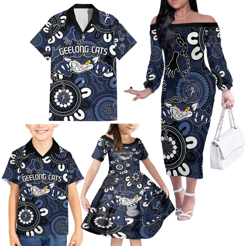 Custom Geelong Cats NAIDOC Week 2024 Family Matching Off The Shoulder Long Sleeve Dress and Hawaiian Shirt Fire Burning Aboriginal Dots Art
