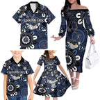 Custom Geelong Cats NAIDOC Week 2024 Family Matching Off The Shoulder Long Sleeve Dress and Hawaiian Shirt Fire Burning Aboriginal Dots Art
