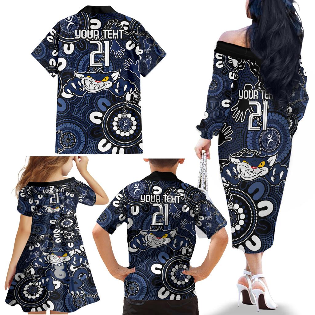Custom Geelong Cats NAIDOC Week 2024 Family Matching Off The Shoulder Long Sleeve Dress and Hawaiian Shirt Fire Burning Aboriginal Dots Art
