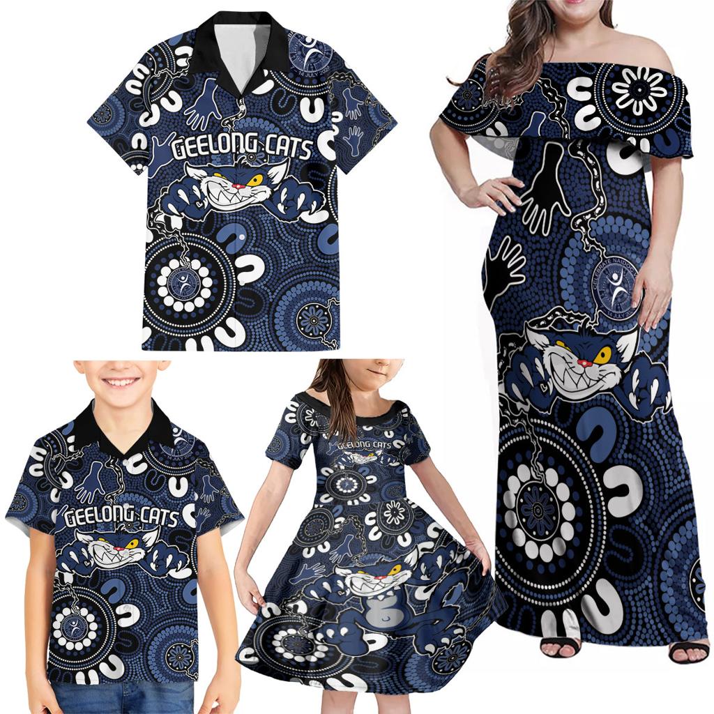 Custom Geelong Cats NAIDOC Week 2024 Family Matching Off Shoulder Maxi Dress and Hawaiian Shirt Fire Burning Aboriginal Dots Art
