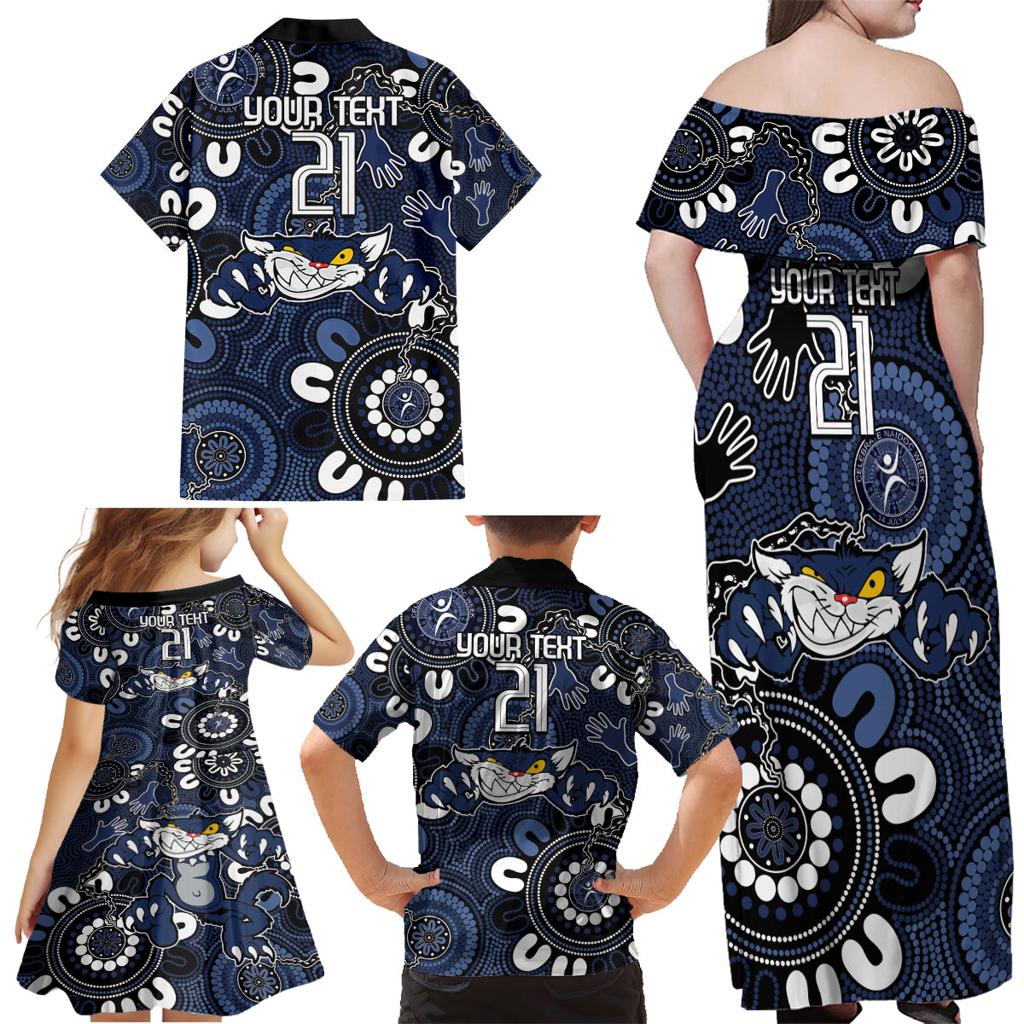 Custom Geelong Cats NAIDOC Week 2024 Family Matching Off Shoulder Maxi Dress and Hawaiian Shirt Fire Burning Aboriginal Dots Art