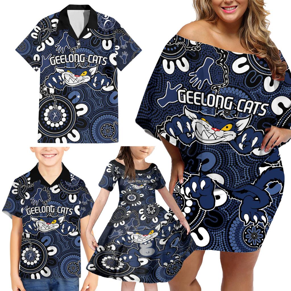 Custom Geelong Cats NAIDOC Week 2024 Family Matching Off Shoulder Short Dress and Hawaiian Shirt Fire Burning Aboriginal Dots Art