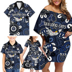 Custom Geelong Cats NAIDOC Week 2024 Family Matching Off Shoulder Short Dress and Hawaiian Shirt Fire Burning Aboriginal Dots Art