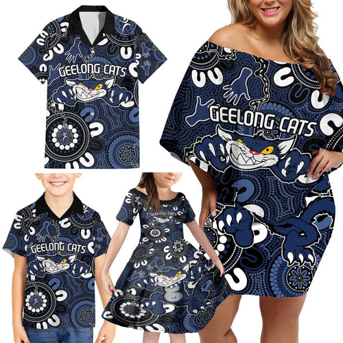 Custom Geelong Cats NAIDOC Week 2024 Family Matching Off Shoulder Short Dress and Hawaiian Shirt Fire Burning Aboriginal Dots Art