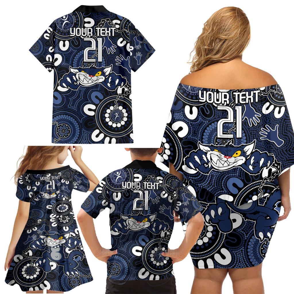 Custom Geelong Cats NAIDOC Week 2024 Family Matching Off Shoulder Short Dress and Hawaiian Shirt Fire Burning Aboriginal Dots Art