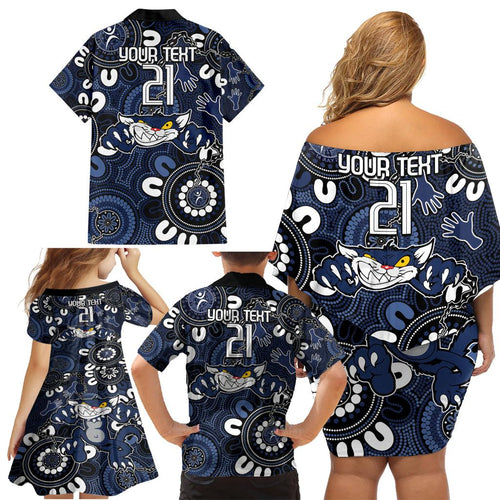 Custom Geelong Cats NAIDOC Week 2024 Family Matching Off Shoulder Short Dress and Hawaiian Shirt Fire Burning Aboriginal Dots Art