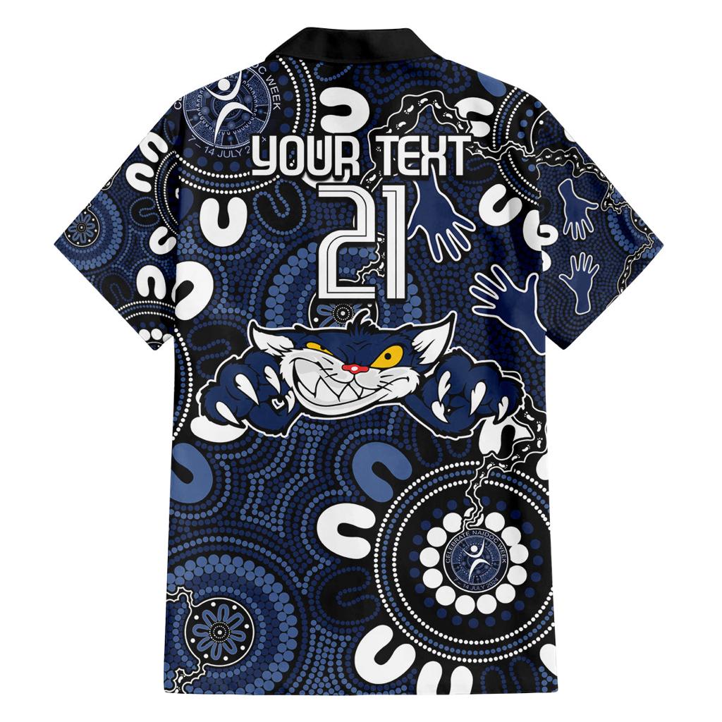 Custom Geelong Cats NAIDOC Week 2024 Family Matching Off Shoulder Short Dress and Hawaiian Shirt Fire Burning Aboriginal Dots Art