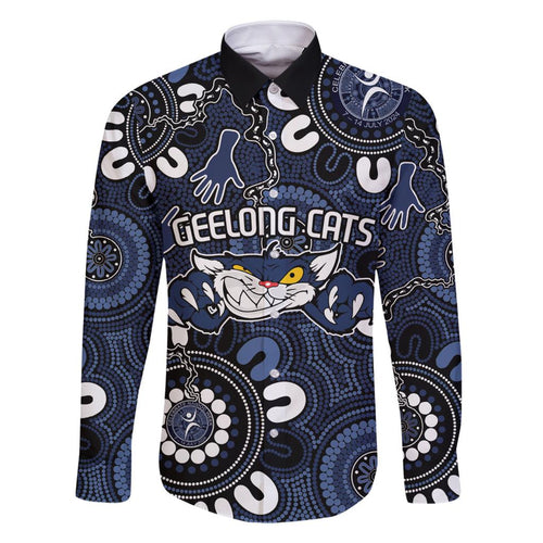 Custom Geelong Cats NAIDOC Week 2024 Family Matching Off Shoulder Short Dress and Hawaiian Shirt Fire Burning Aboriginal Dots Art