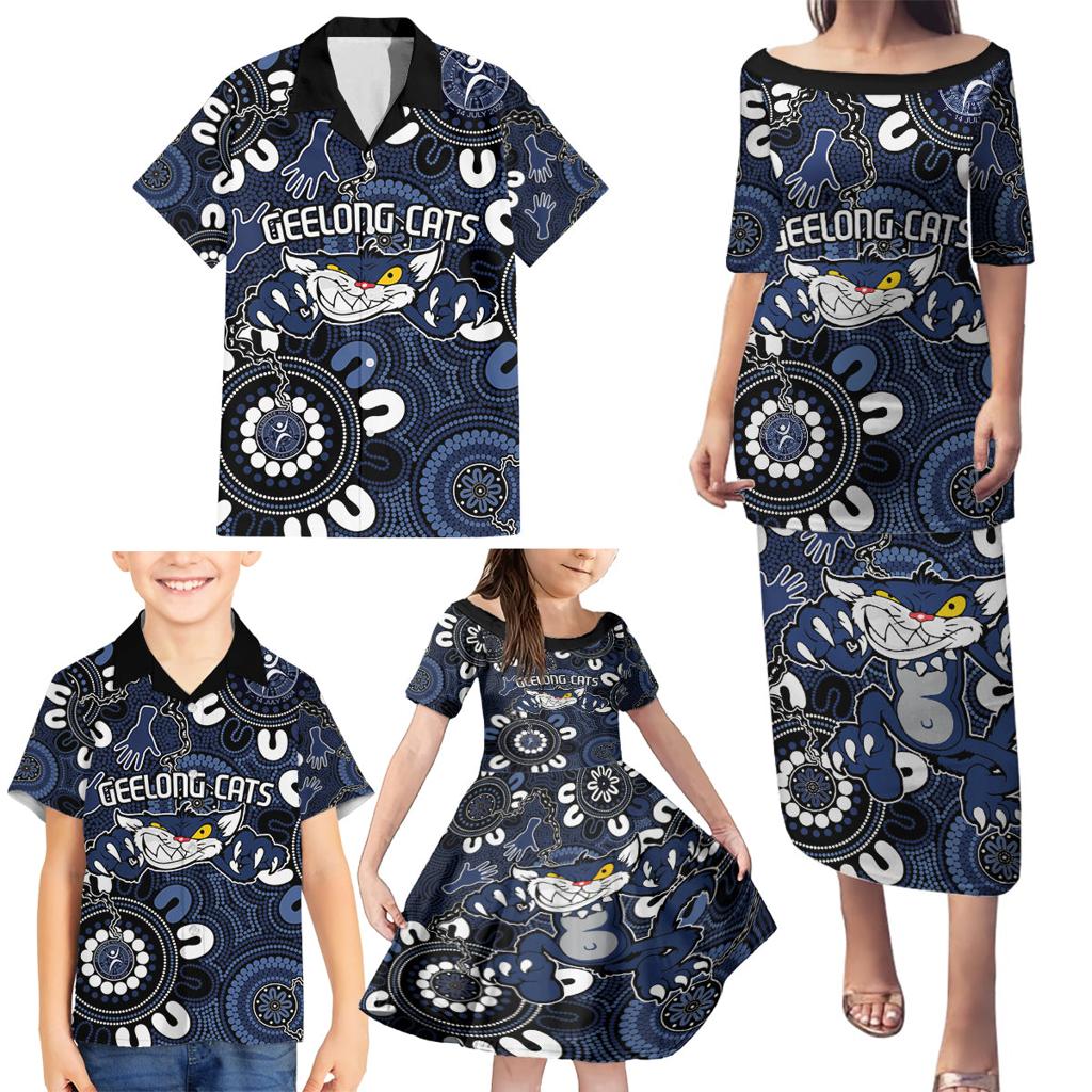 Custom Geelong Cats NAIDOC Week 2024 Family Matching Puletasi and Hawaiian Shirt Fire Burning Aboriginal Dots Art