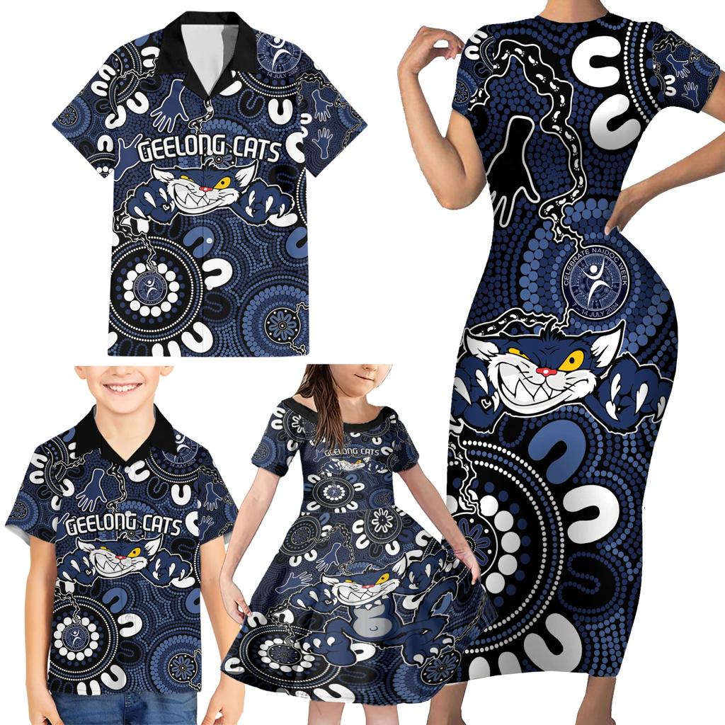 Custom Geelong Cats NAIDOC Week 2024 Family Matching Short Sleeve Bodycon Dress and Hawaiian Shirt Fire Burning Aboriginal Dots Art