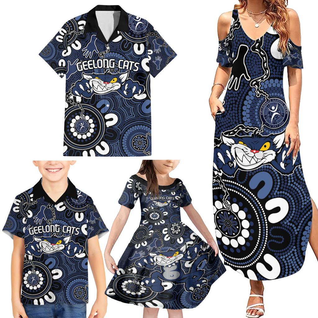 Custom Geelong Cats NAIDOC Week 2024 Family Matching Summer Maxi Dress and Hawaiian Shirt Fire Burning Aboriginal Dots Art