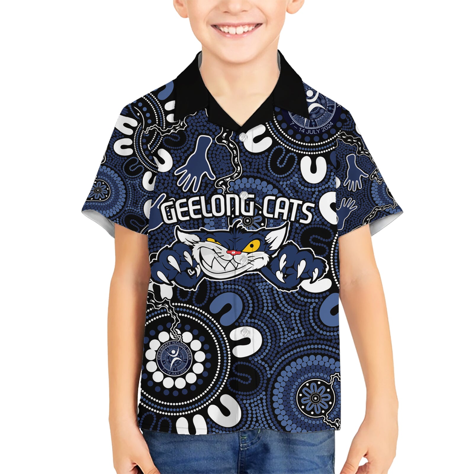 Custom Geelong Cats NAIDOC Week 2024 Kid Hawaiian Shirt Fire Burning Aboriginal Dots Art