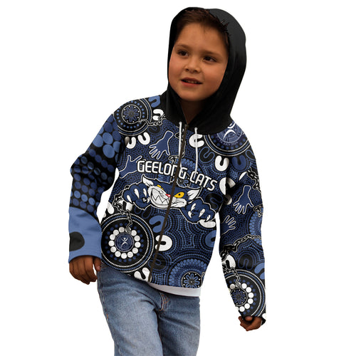 Custom Geelong Cats NAIDOC Week 2024 Kid Hoodie Fire Burning Aboriginal Dots Art
