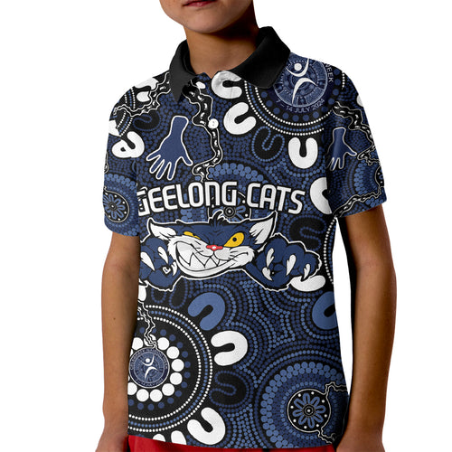Custom Geelong Cats NAIDOC Week 2024 Kid Polo Shirt Fire Burning Aboriginal Dots Art
